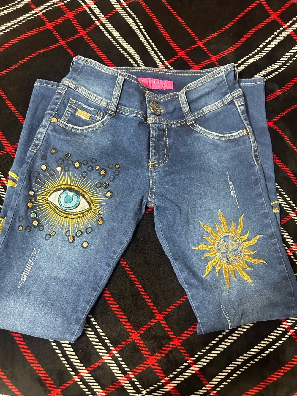 Blue Skinny Jeans with Sun & Eye Embroidery edition special ciclón jeans